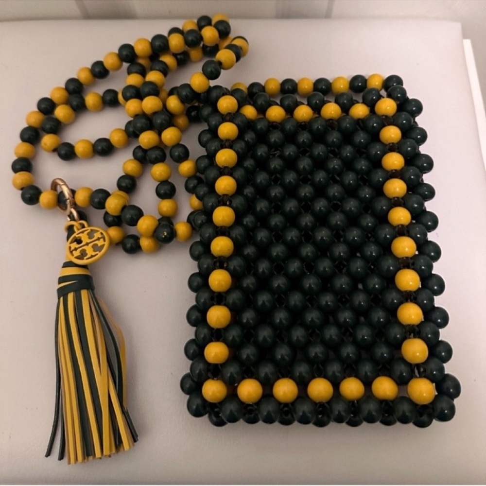 Tory Burch green and gold beaded crossbody phone bag